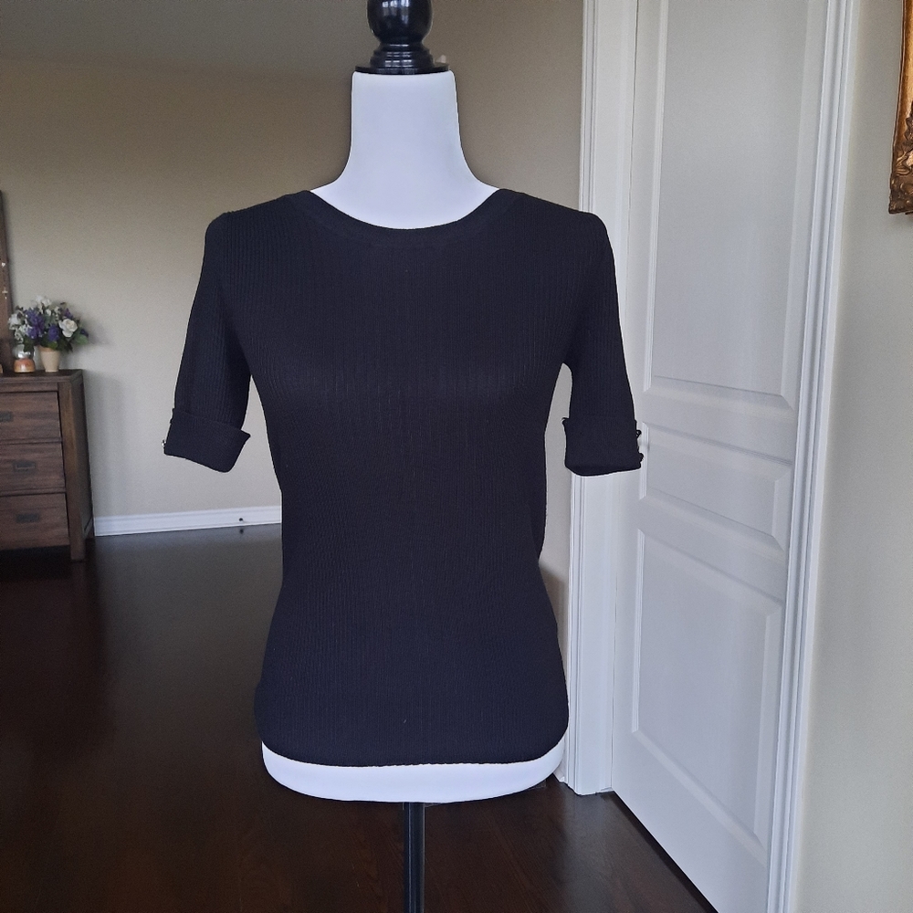 Retrology Black Short Sleeve Crew Neck Top with Gold Buttons Detail Size…